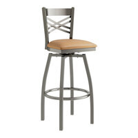 Lancaster Table & Seating Clear Coat Finish Cross Back Swivel Bar Stool with 2 1/2" Light Brown Vinyl Padded Seat