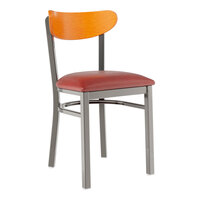Lancaster Table & Seating Boomerang Clear Coat Finish Chair with Burgundy Vinyl Seat and Cherry Wood Back