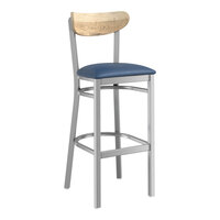 Lancaster Table & Seating Boomerang Series Clear Coat Finish Bar Stool with Navy Vinyl Seat and Driftwood Back