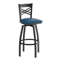 Lancaster Table & Seating Black Finish Cross Back Swivel Bar Stool with 2 1/2" Navy Vinyl Padded Seat