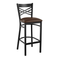 Lancaster Table & Seating Black Finish Cross Back Bar Stool with 2 1/2" Dark Brown Vinyl Padded Seat