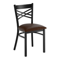 Lancaster Table & Seating Black Finish Cross Back Chair with 2 1/2" Dark Brown Vinyl Padded Seat - Assembled