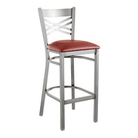 Lancaster Table & Seating Clear Coat Finish Cross Back Bar Stool with 2 1/2" Burgundy Vinyl Padded Seat