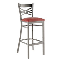Lancaster Table & Seating Clear Coat Finish Cross Back Bar Stool with 2 1/2" Burgundy Vinyl Padded Seat
