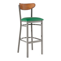 Lancaster Table & Seating Boomerang Clear Coat Finish Bar Stool with Green Vinyl Seat and Antique Walnut Wood Back