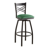 Lancaster Table & Seating Black Finish Cross Back Swivel Bar Stool with 2 1/2" Green Vinyl Padded Seat