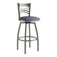 Lancaster Table & Seating Clear Coat Finish Cross Back Swivel Bar Stool with 2 1/2" Navy Vinyl Padded Seat