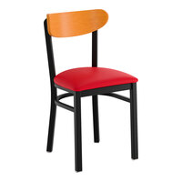 Lancaster Table & Seating Boomerang Black Finish Chair with Red Vinyl Seat and Cherry Wood Back