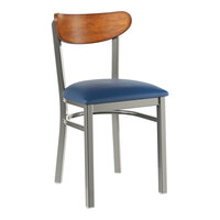 Lancaster Table & Seating Boomerang Clear Coat Finish Chair with Navy Vinyl Seat and Antique Walnut Wood Back