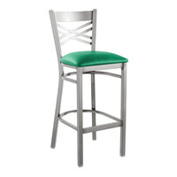 Lancaster Table & Seating Clear Coat Finish Cross Back Bar Stool with 2 1/2" Green Vinyl Padded Seat - Detached Seat