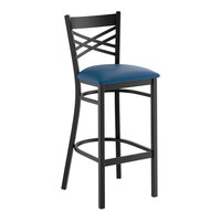 Lancaster Table & Seating Black Finish Cross Back Bar Stool with 2 1/2" Navy Vinyl Padded Seat - Assembled