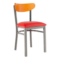 Lancaster Table & Seating Boomerang Clear Coat Finish Chair with Red Vinyl Seat and Cherry Wood Back
