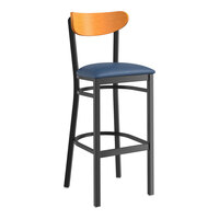 Lancaster Table & Seating Boomerang Series Black Finish Bar Stool with Navy Vinyl Seat and Cherry Wood Back