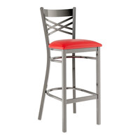 Lancaster Table & Seating Clear Coat Finish Cross Back Bar Stool with 2 1/2" Red Vinyl Padded Seat - Assembled