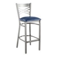 Lancaster Table & Seating Clear Coat Finish Cross Back Bar Stool with 2 1/2" Navy Vinyl Padded Seat