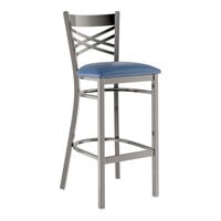 Lancaster Table & Seating Clear Coat Finish Cross Back Bar Stool with 2 1/2" Navy Vinyl Padded Seat