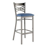 Lancaster Table & Seating Clear Coat Finish Cross Back Bar Stool with 2 1/2" Navy Vinyl Padded Seat