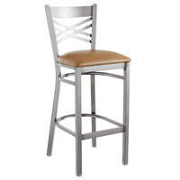 Lancaster Table & Seating Clear Coat Finish Cross Back Bar Stool with 2 1/2" Light Brown Vinyl Padded Seat - Detached Seat