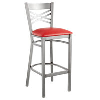 Lancaster Table & Seating Clear Coat Finish Cross Back Bar Stool with 2 1/2" Red Vinyl Padded Seat - Detached Seat