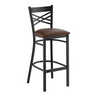 Lancaster Table & Seating Black Finish Cross Back Bar Stool with 2 1/2" Dark Brown Vinyl Padded Seat - Assembled