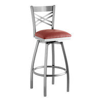 Lancaster Table & Seating Clear Coat Finish Cross Back Swivel Bar Stool with 2 1/2" Burgundy Vinyl Padded Seat