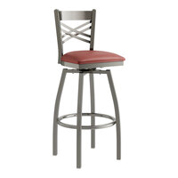 Lancaster Table & Seating Clear Coat Finish Cross Back Swivel Bar Stool with 2 1/2" Burgundy Vinyl Padded Seat