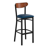 Lancaster Table & Seating Boomerang Black Finish Bar Stool with Navy Vinyl Seat and Antique Walnut Wood Back