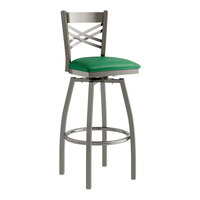 Lancaster Table & Seating Clear Coat Finish Cross Back Swivel Bar Stool with 2 1/2" Green Vinyl Padded Seat