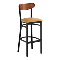 Lancaster Table & Seating Boomerang Black Finish Bar Stool with Light Brown Vinyl Seat and Antique Walnut Wood Back