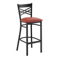 Lancaster Table & Seating Black Finish Cross Back Bar Stool with 2 1/2" Burgundy Vinyl Padded Seat - Assembled