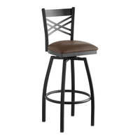 Lancaster Table & Seating Black Finish Cross Back Swivel Bar Stool with 2 1/2" Dark Brown Vinyl Padded Seat