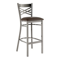 Lancaster Table & Seating Clear Coat Finish Cross Back Bar Stool with 2 1/2" Dark Brown Vinyl Padded Seat