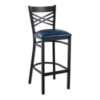 Lancaster Table & Seating Black Finish Cross Back Bar Stool with 2 1/2" Navy Vinyl Padded Seat