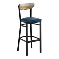 Lancaster Table & Seating Boomerang Black Finish Bar Stool with Navy Vinyl Seat and Driftwood Back