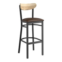 Lancaster Table & Seating Boomerang Series Black Finish Bar Stool with Dark Brown Vinyl Seat and Driftwood Back