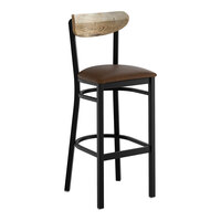 Lancaster Table & Seating Boomerang Black Finish Bar Stool with Dark Brown Vinyl Seat and Driftwood Back