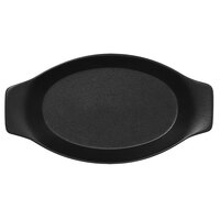 RAK Porcelain NFOPOD25BK Neo Fusion 9 7/8" x 5 1/2" Volcano Black Porcelain Oval Dish with Handles - 24/Case