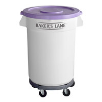 Baker's Mark Allergen-Free 32 Gallon / 510 Cup White Round Mobile Ingredient Storage Bin with Purple Lid and Gray Dolly