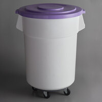 Baker's Mark Allergen-Free 55 Gallon / 880 Cup White Round Mobile Ingredient Storage Bin with Purple Snap-On Lid and Gray Dolly