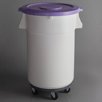 Baker's Mark Allergen-Free 44 Gallon / 700 Cup White Round Mobile Ingredient Storage Bin with Purple Snap-On Lid and Gray Dolly