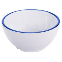 GET B-140-W/CB Settlement Bistro 14 oz. White Enamelware Melamine Round Bowl with Cobalt Blue Trim   - 24/Case