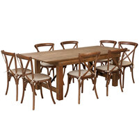 Flash Furniture XA-FARM-10-GG Hercules 40 "x 84" x 30" Antique Rustic Solid Pine Folding Farm Table with 8 Cross Back Chairs and Cushions