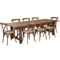 Flash Furniture XA-FARM-14-GG Hercules 40 "x 108" x 30" Antique Rustic Solid Pine Folding Farm Table with 8 Cross Back Chairs and Cushions