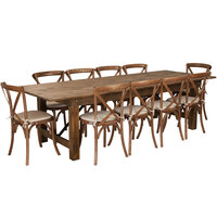 Flash Furniture XA-FARM-15-GG Hercules 40 "x 108" x 30" Antique Rustic Solid Pine Folding Farm Table with 10 Cross Back Chairs and Cushions