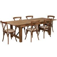 Flash Furniture XA-FARM-11-GG Hercules 40 "x 96" x 30" Antique Rustic Solid Pine Folding Farm Table with 6 Cross Back Chairs and Cushions