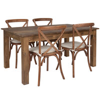 Flash Furniture XA-FARM-18-GG Hercules 38" x 60" x 30" Antique Rustic Solid Pine Folding Farm Table with 4 Cross Back Chairs and Cushions