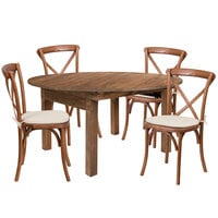 Flash Furniture XA-FARM-20-GG Hercules 60"x 30" Antique Rustic Solid Pine Round Folding Farm Table with 4 Cross Back Chairs and Cushions