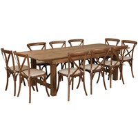 Flash Furniture XA-FARM-13-GG Hercules 40 "x 96" x 30" Antique Rustic Solid Pine Folding Farm Table with 10 Cross Back Chairs and Cushions