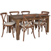 Flash Furniture XA-FARM-19-GG Hercules 38" x 60" x 30" Antique Rustic Solid Pine Folding Farm Table with 6 Cross Back Chairs and Cushions