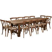 Flash Furniture XA-FARM-16-GG Hercules 40" x 108" x 30" Antique Rustic Solid Pine Folding Farm Table with 12 Cross Back Chairs and Cushions